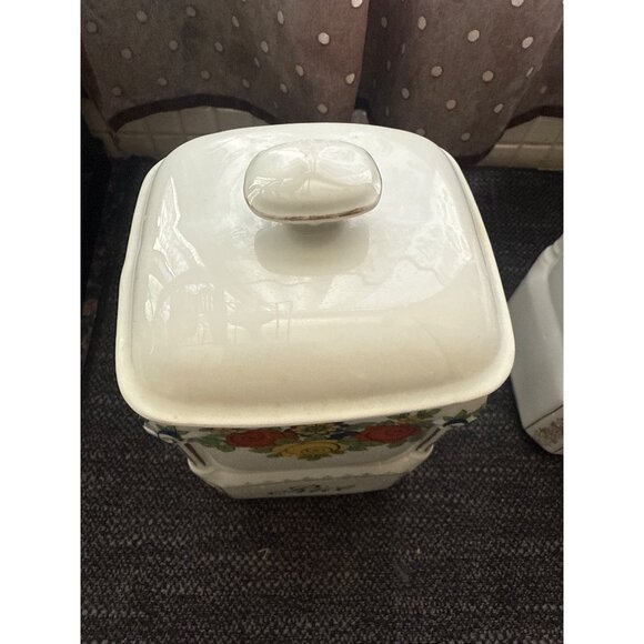 Vintage Ceramic Rice & Sugar Kitchen Canisters With Floral Design & Lids - Picture 8 of 16